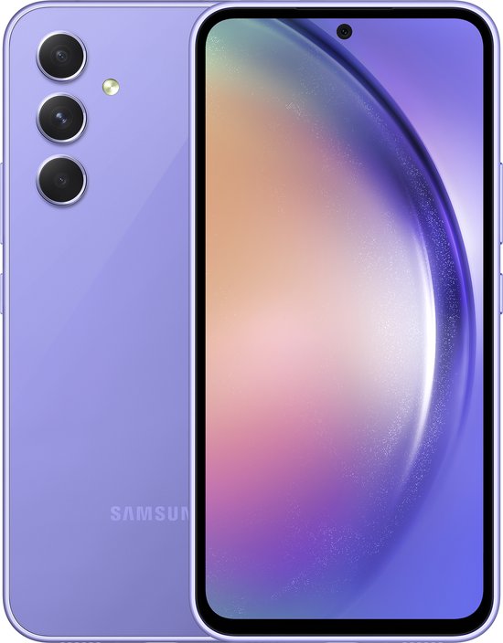 Paarse Samsung Galaxy A54 5G smartphone, achter- en vooraanzicht met scherm.