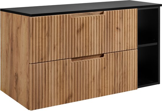 RODAN - Badkamerkast VENA 100cm met Aanrechtblad kleur: Mattzwart , met een plank, Gegroefde voorkant - badkamermeubel - Eiken Craft
