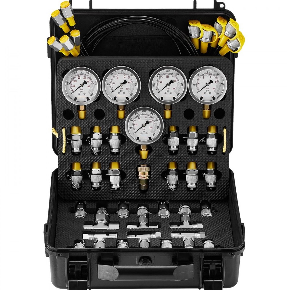 Hydraulische Druktestset - Manometer Set - Bereik 10/100/250/400/600 bar - Testslangen 5x 5 m - 13 Koppelingen - 14 T-Stukken - Met Draagtas - Voor Graafmachines/Tractoren