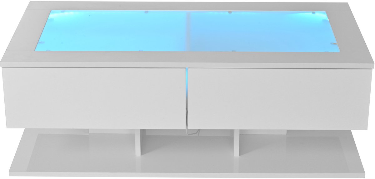 MODFU Witte hoogglans salontafel 100x50x35 cm met lade, LED-verlichting en glazen tafelblad