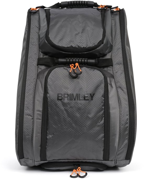 Donkergrijze sporttas met honingraatpatroon, oranje ritstrekkers en 'BRIMLEY' logo.