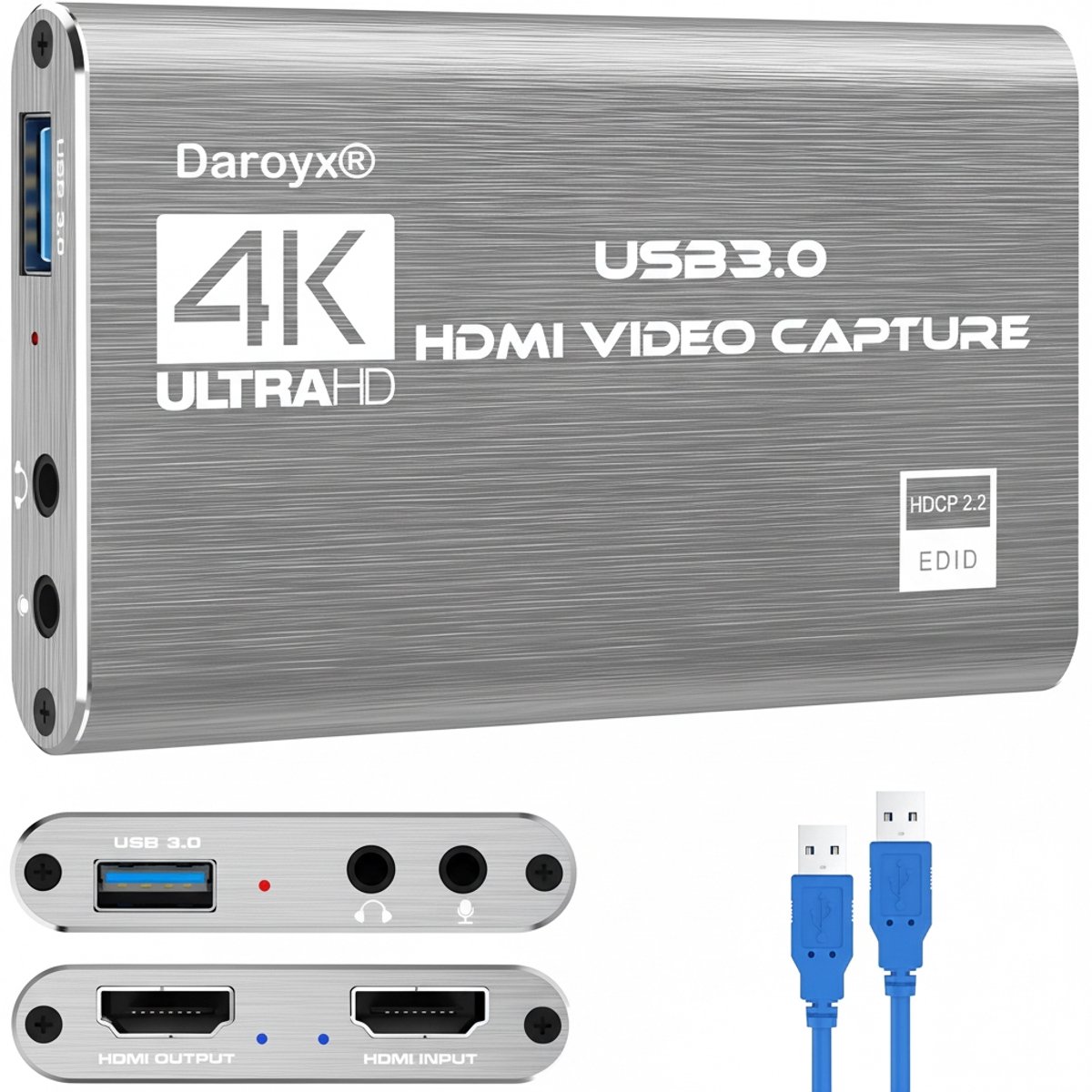 Daroyx® VCC4K Pro Video Capture Card - USB-A 3.0 - HDMI 4K@60Hz - Geschikt als Game Capture - Zilverkleurig