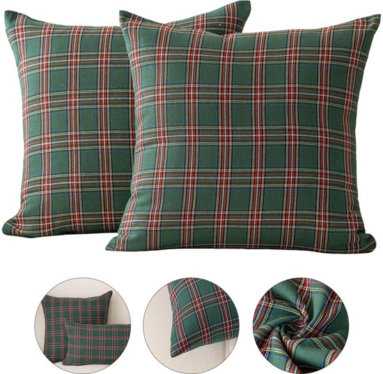 Taie d'oreiller de Noël carrée (lot de 2) - Motif à carreaux écossais - 45 x 45 cm - Taie d'oreiller seule - Décoration de Noël - Style champêtre - Convient pour canapés, chambres, salons, bureaux et accessoires de décoration - Vert