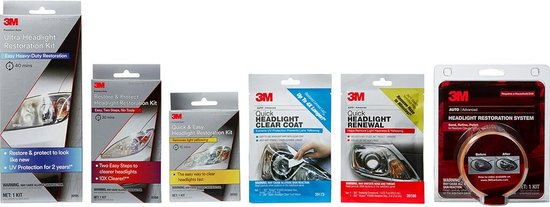 5 producten voor koplamprestauratie, waaronder 3M Ultra Headlight Restoration Kit.