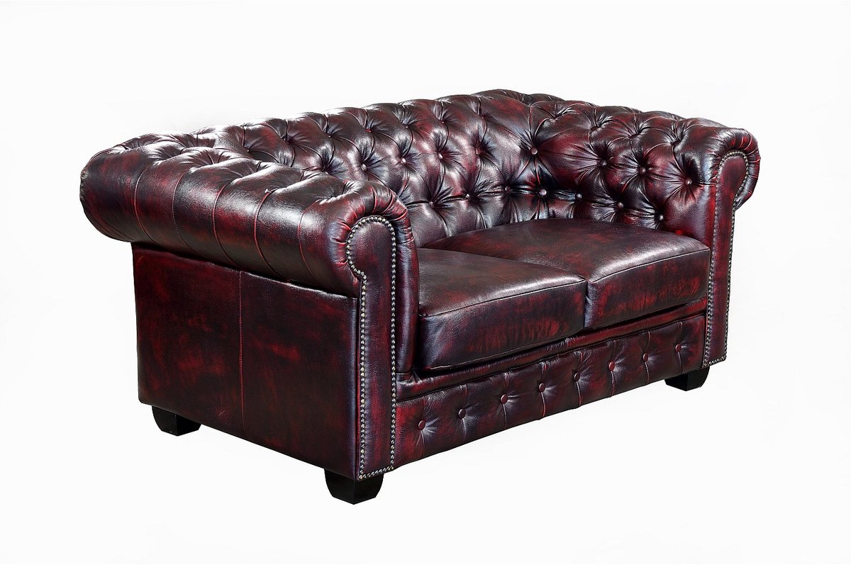 Vente-unique Driezits- en tweezitsbank Chesterfield BRENTON 100% buffelleer - cherry Bordeaux