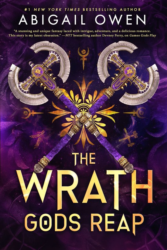 Couverture du livre 'The Wrath Gods Reap' avec deux haches de combat ornées et des motifs dorés sur fond violet.