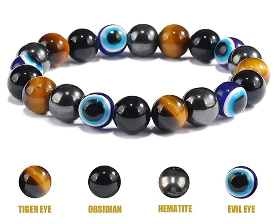 S4H Evil Eye Bracelet – Œil de Tigre, Obsidienne & Hématite – Perles 8mm – Protection & Énergie – 18 cm