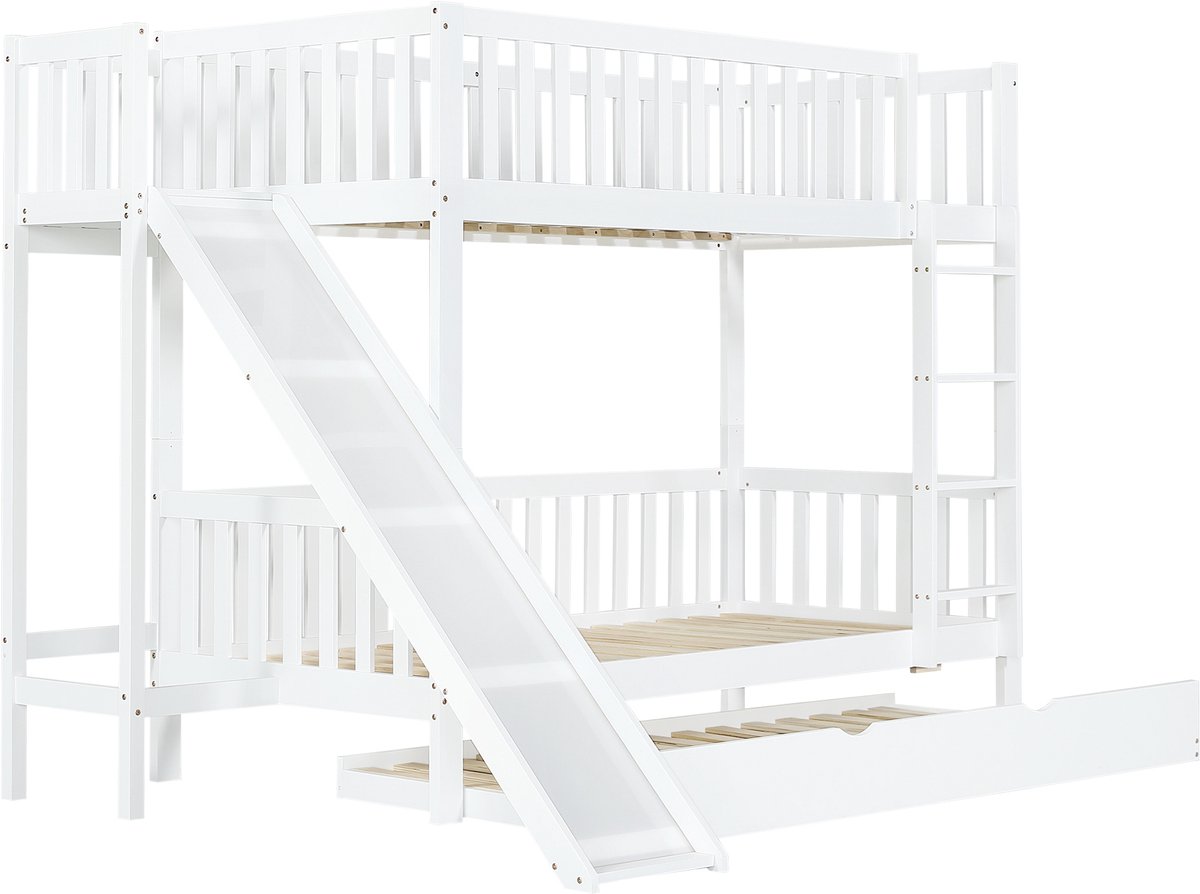 REDOM Stapelbed 90x200 cm – Wit – Met uitschuifbed (90x190 cm), glijbaan & opbergrek – Kindvriendelijk