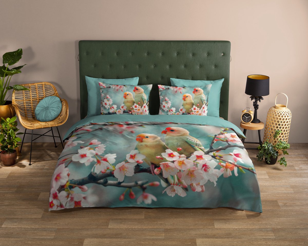 Good Morning dekbedovertrek vogeltjes op een bloesemtak - 2 persoons 200x200/220 cm - Aqua - 100% Katoen renforce