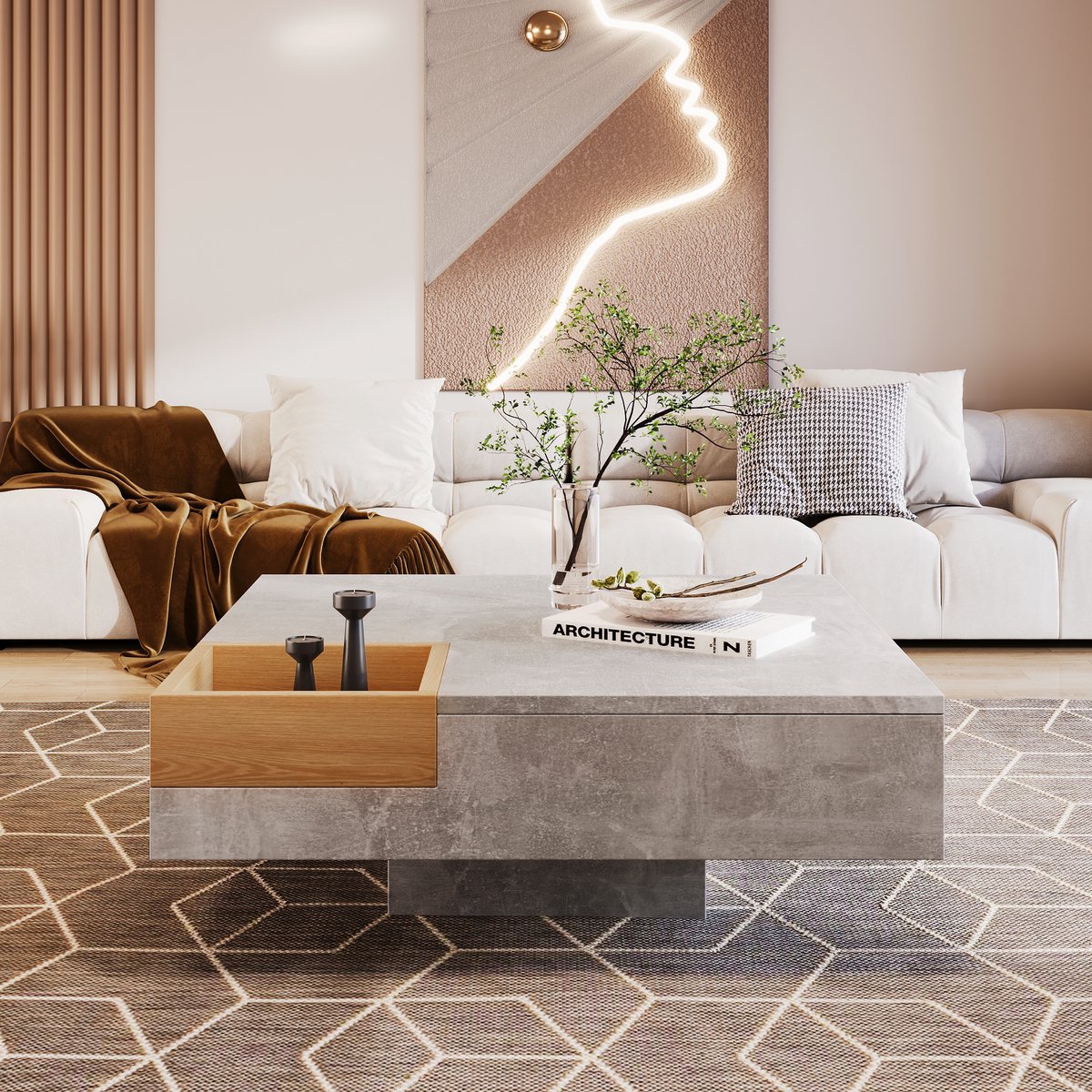 Wishdor Salontafel met uitneembare opbergbox - Betonlook en houtaccenten, compact 72×72×30 cm, robuust en stijlvol Grijs