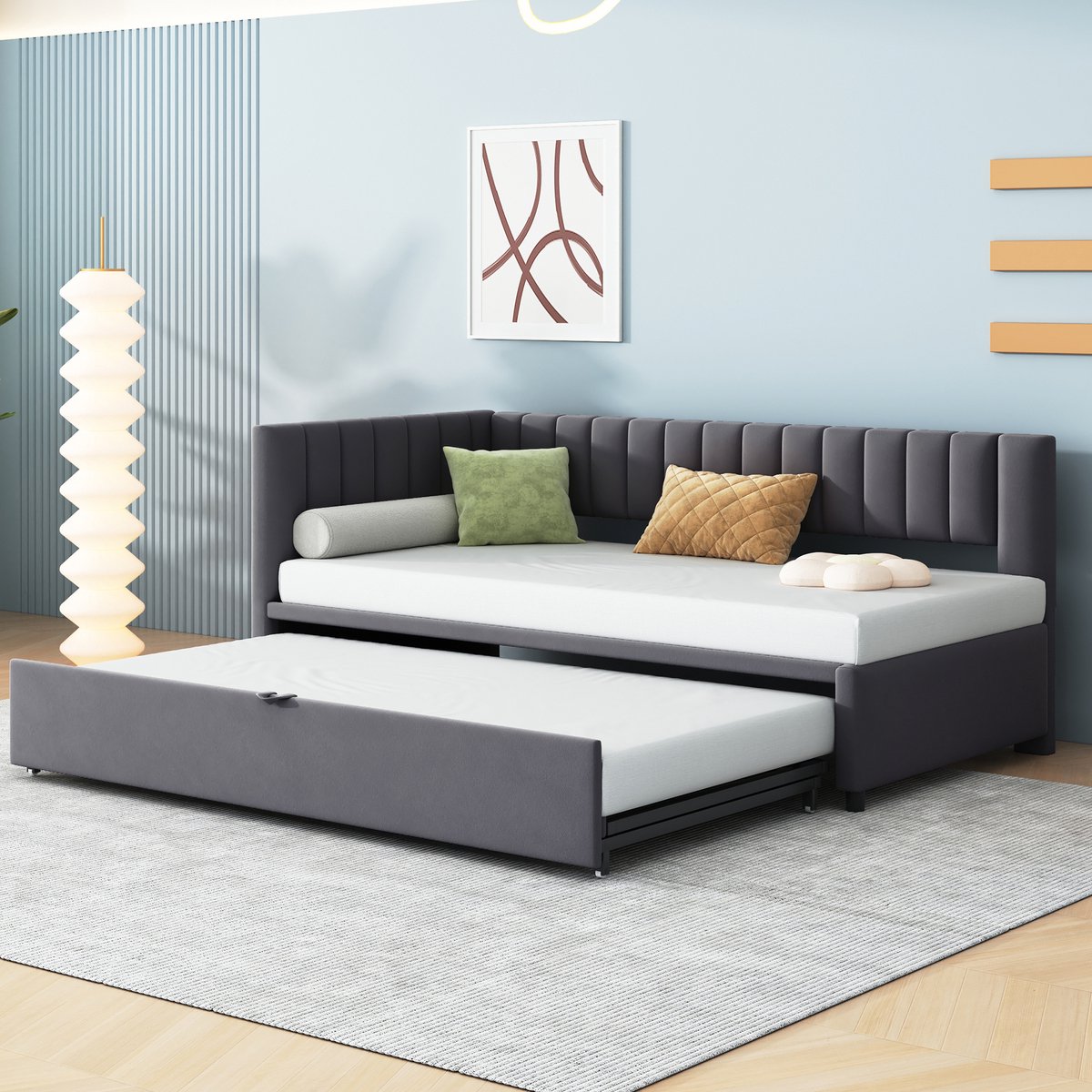 MODFU L-vormige slaapbank 90/180x200 cm – Fluweel grijs – Uittrekbaar bed – Ruimtebesparend – Push-pull