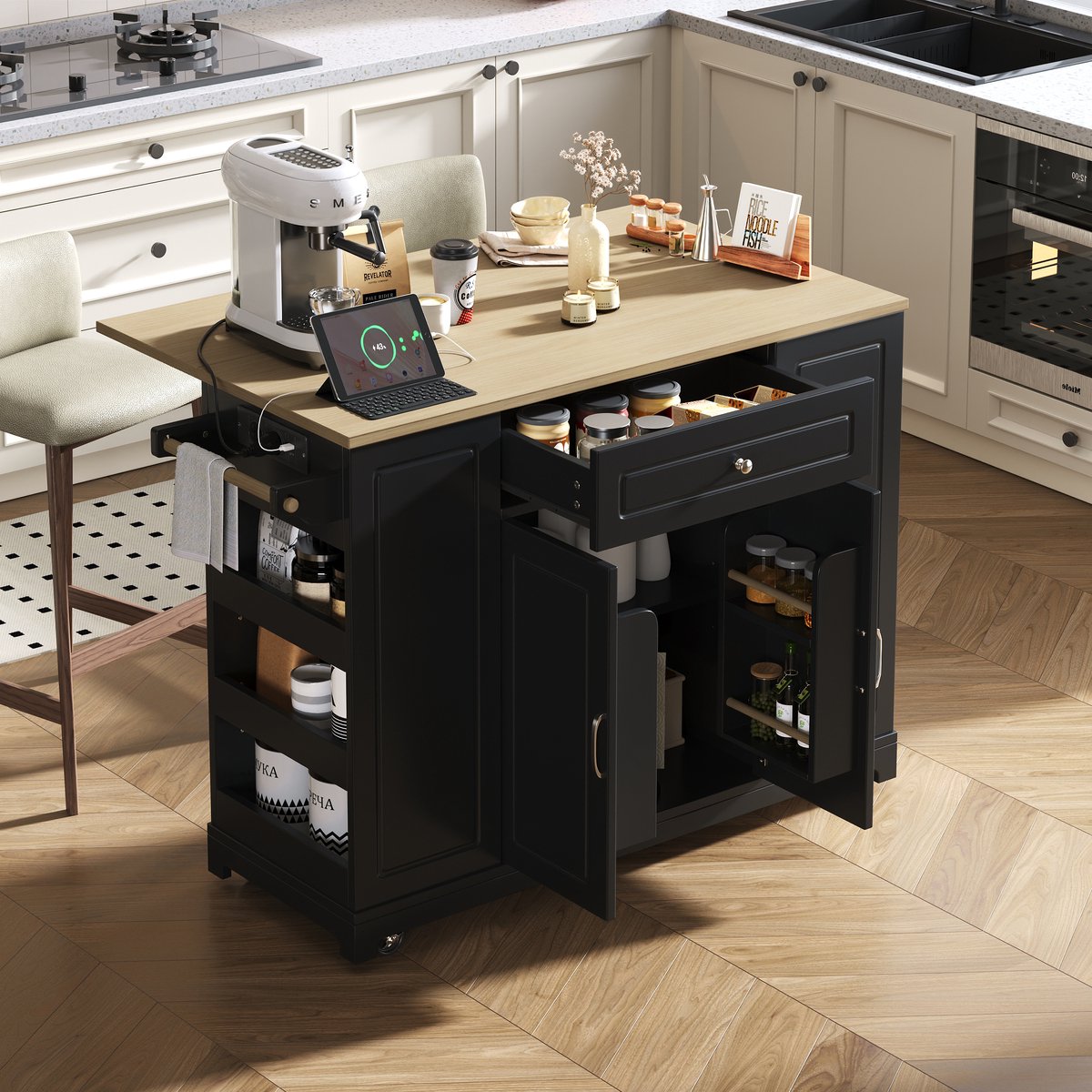 Keukeneiland met inklapbaar werkblad, beweegbaar keukeneiland, serveerwagen op wieltjes, laden & kluisje, verwisselbare massief houten poten, geschikt voor eetkamer, keuken (wit, 129 x 75 x 91,5 cm