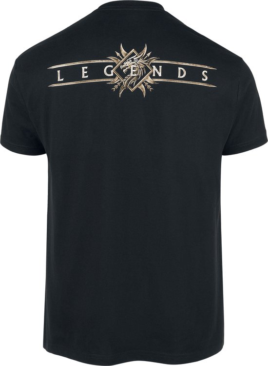Zwarte t-shirt met "LEGENDS" en een gestileerde draak/feniks op de achterkant.