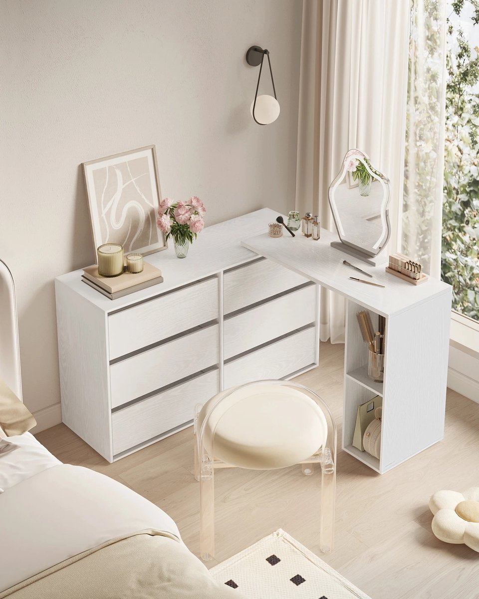 Vécarti - Kaptafel - Dressior - L Vorm - 6 Lade's - Wit - Anti Slip - Slaapkamer - Woonkamer - Met Planken - Meubel - Tafel - Wonen