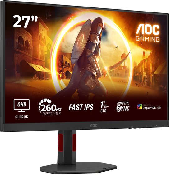 27" AOC gaming monitor met QHD, 260Hz OC, Fast IPS en Adaptive Sync. Zwarte behuizing met rode accenten op de standaard.
