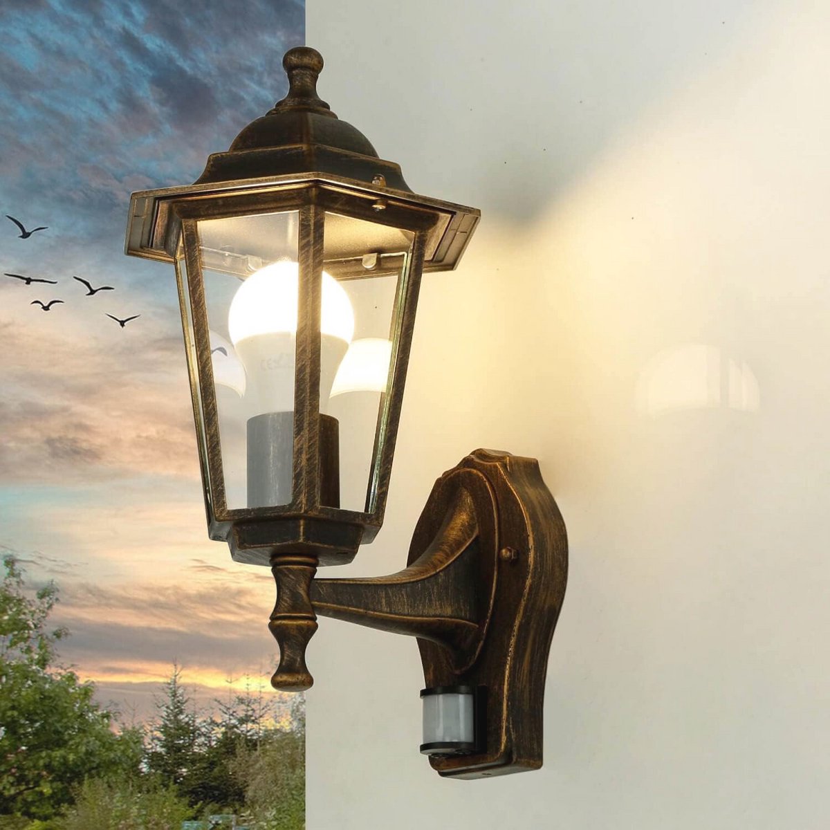 Rustieke Wandlamp met Bewegingsmelder voor Buiten – Antiek Koper – IP44