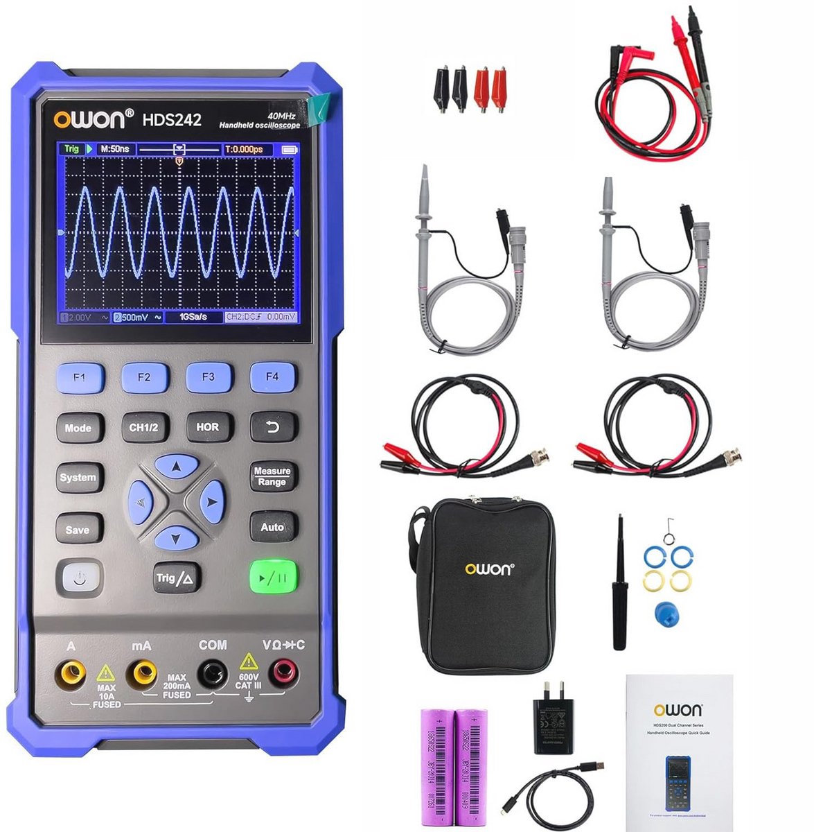 Digitale oscilloscoop met multimeter, 2 kanalen, 40 MHz bandbreedte, 250 MS/s bemonsteringsfrequentie, 3,5 inch LCD-scherm