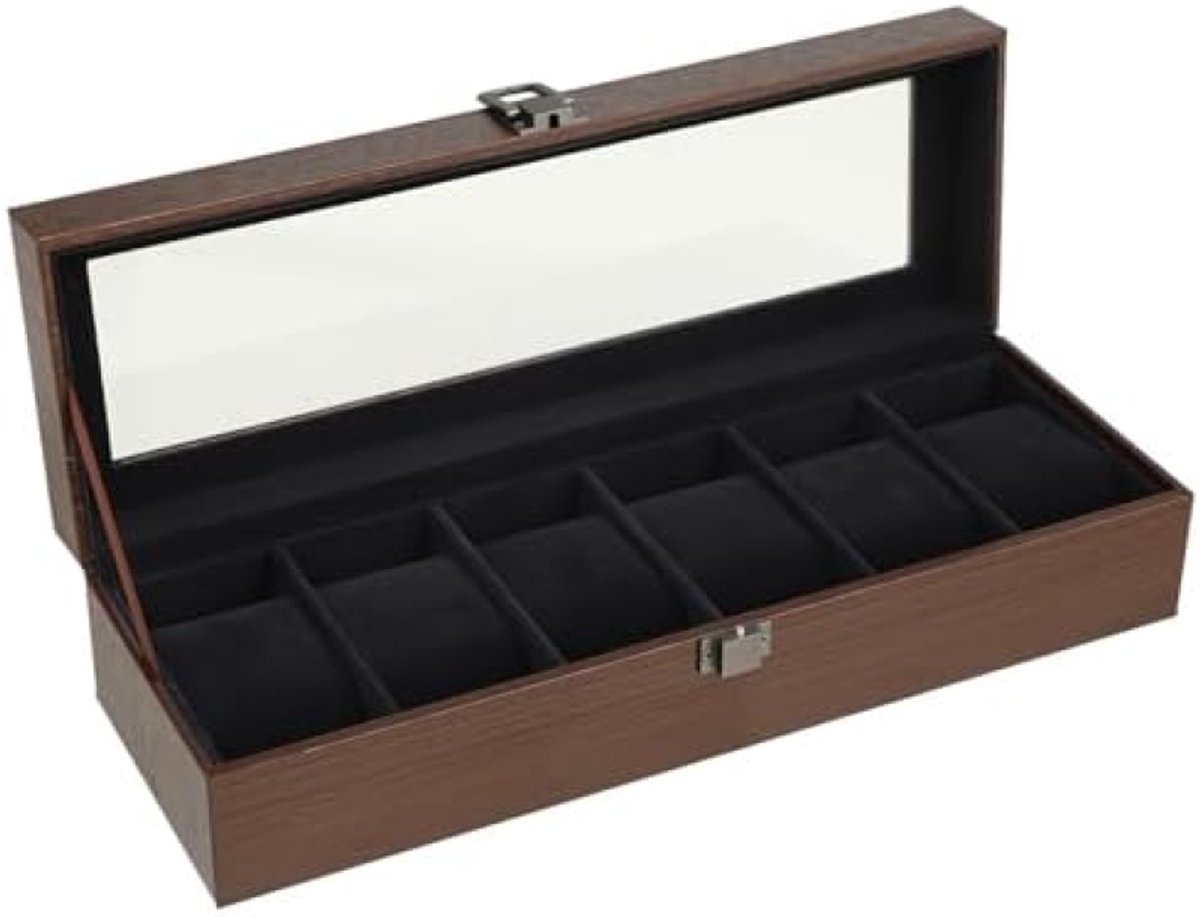 PromoHome Horloge Opbergbox met 6 Vakken - Houten Design met Glazen Dekkel
