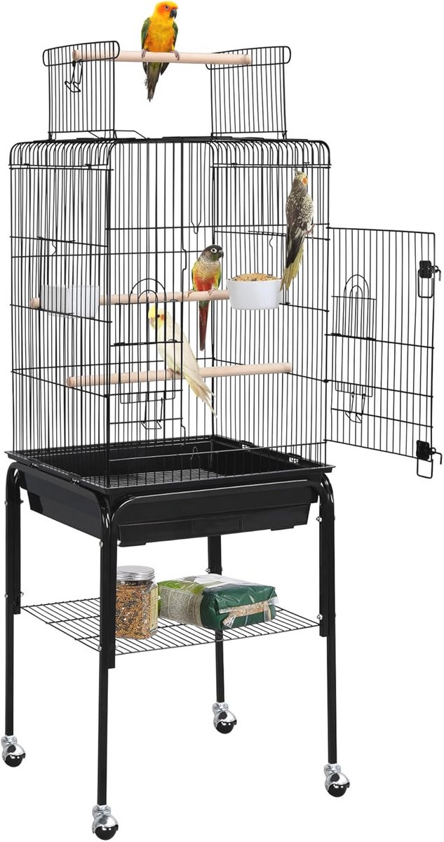 Vogelkooi met Interactief Dak en Afneembaar Rolframe - 46,5 x 46,5 x 136 cm