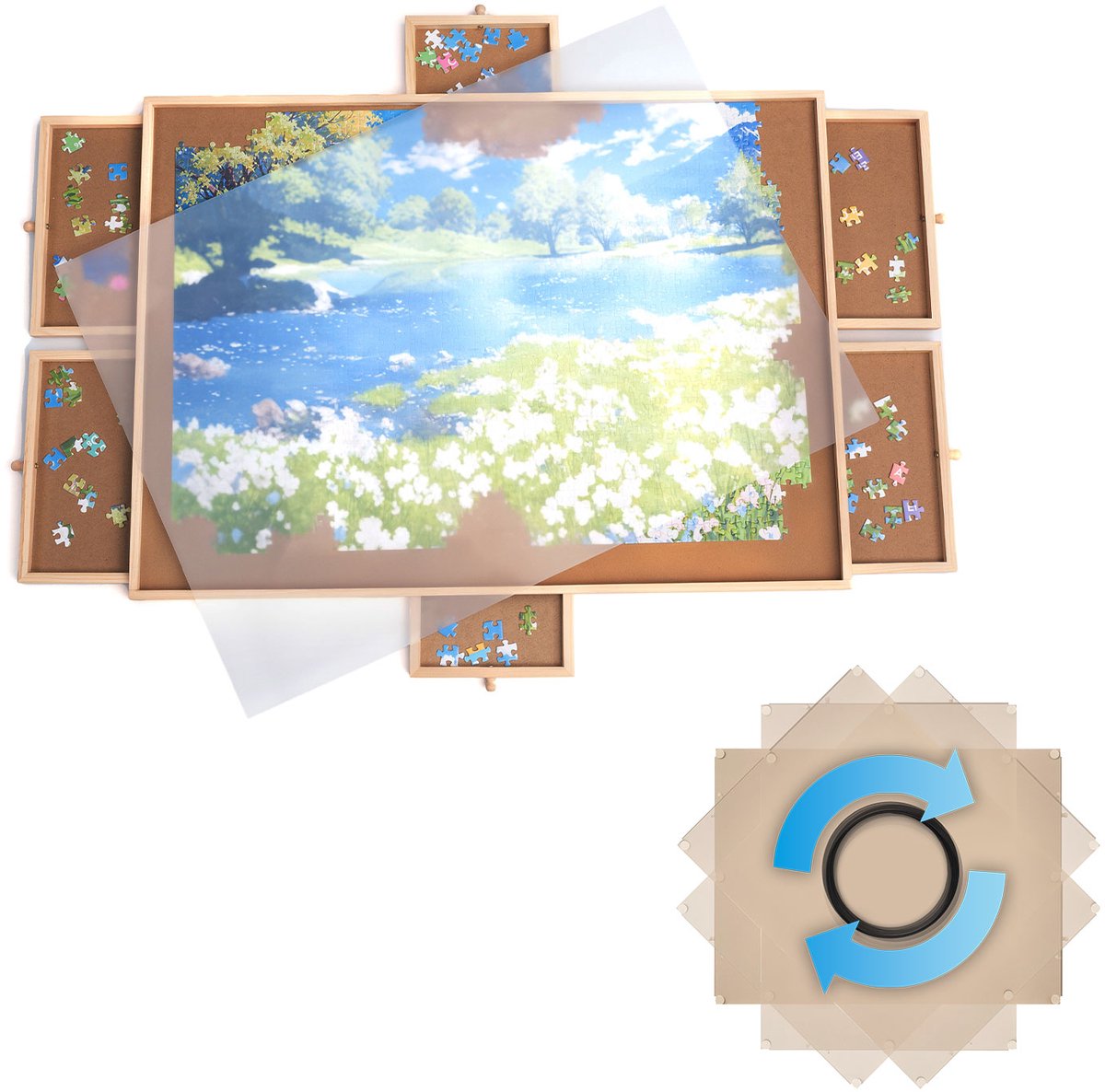 Bol.com FlinQ Draaibaar Puzzelbord met Opbergsysteem - Puzzelplaat met Bescherming - 6 Lades en Sorteerbakjes voor 2000 stukjes ... aanbieding