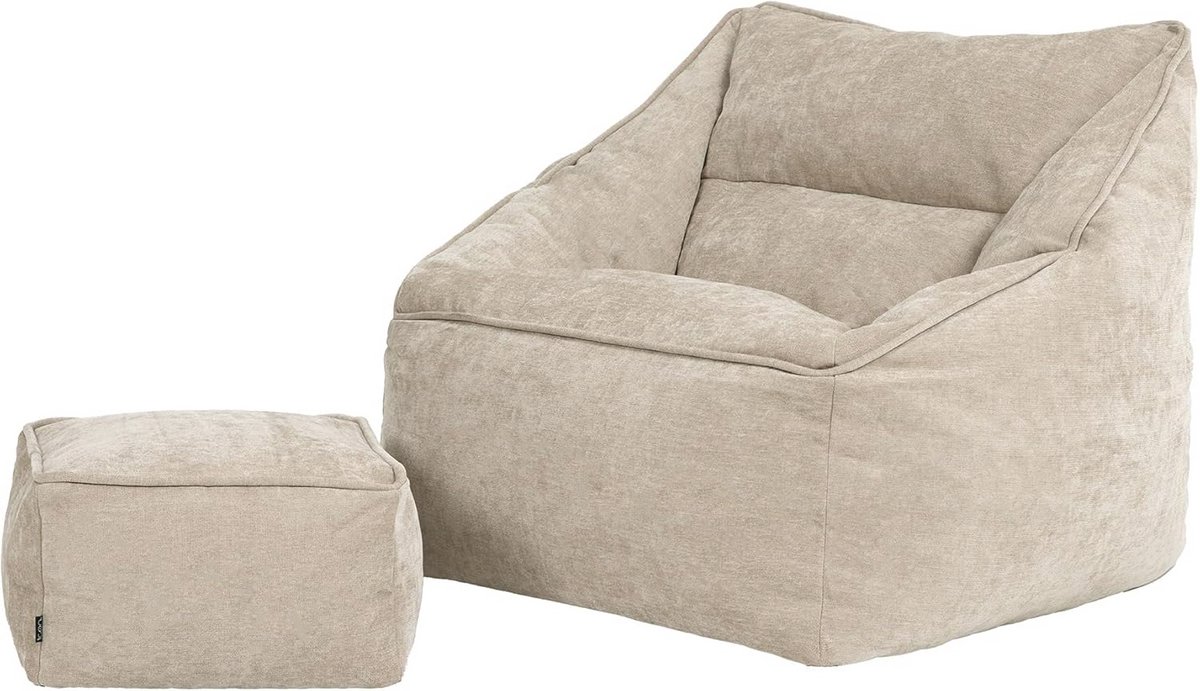Zachte Beige Bean Bag Stoel met Hocker - Comfortabele Chenille Armstoel voor Woonkamer en Slaapkamer
