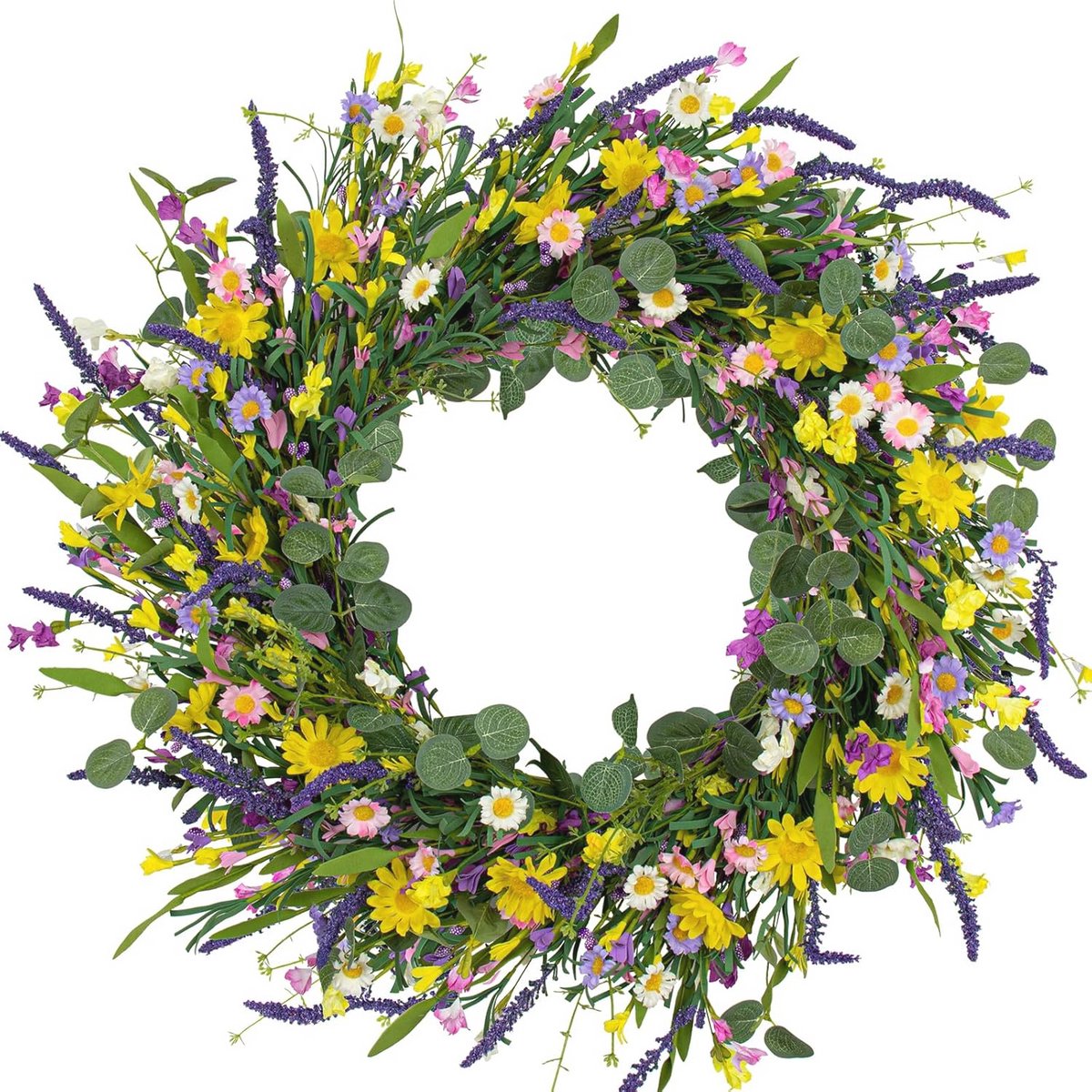 Grote Kunstmatige Lentekrans voor Voordeur - Zomer Bloemenkrans met Madeliefje en Lavendel