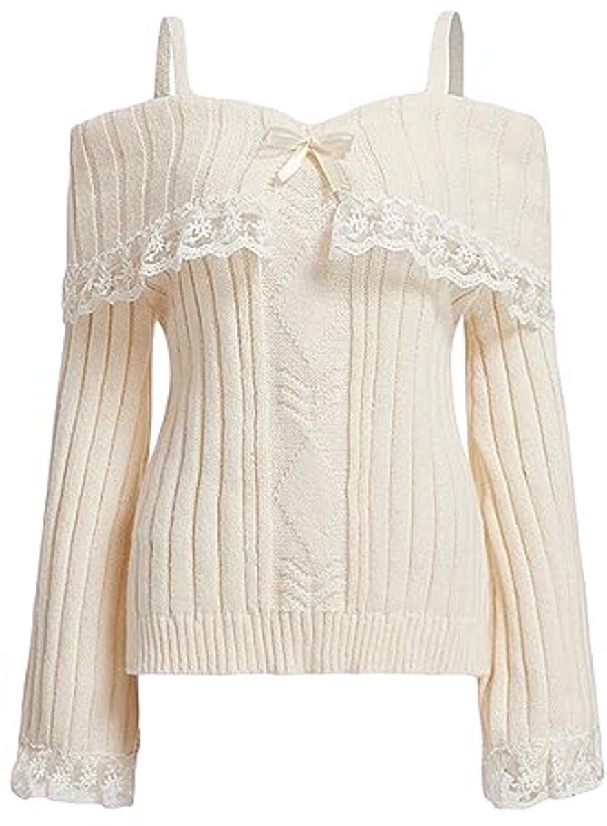 Off-shoulder trui voor dames met kanten rand en lange mouwen