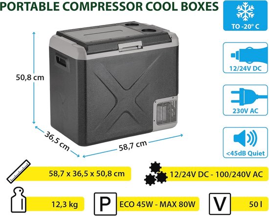 Draagbare koelkast en vriezer met compressor - 50 liter, laag verbruik, temperatuur -20 °C tot 20 °C, voor auto en thuis — afbeelding 3