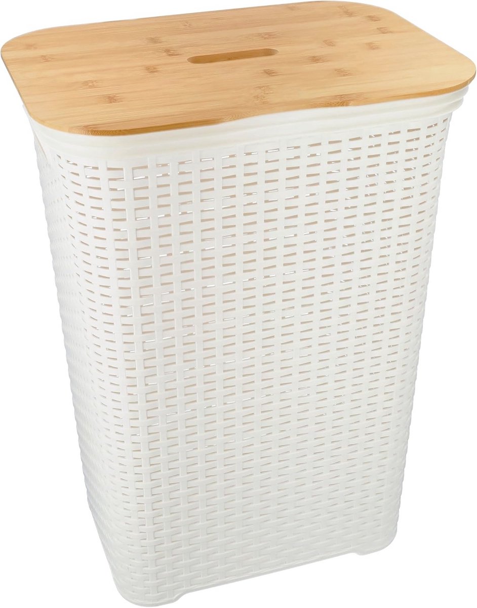 Wasmand met bamboe deksel en rotanlook - 65 liter kunststof wasopslag
