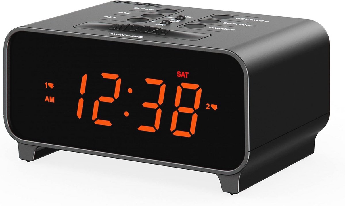 Kleine digitale wekker met dubbel alarm, snooze-functie, USB-oplader en oranje LED-display voor slaapkamer