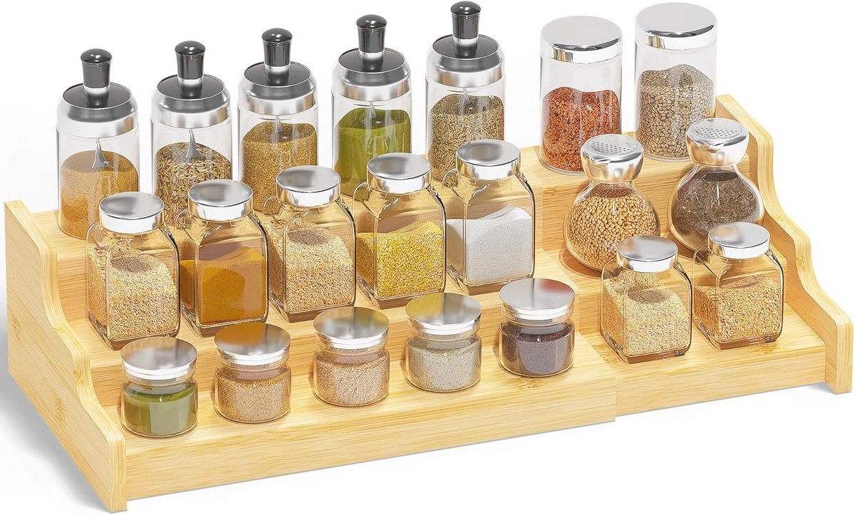 Uittrekbaar kruidenrek van bamboe – 3 niveaus voor keuken en badkamer