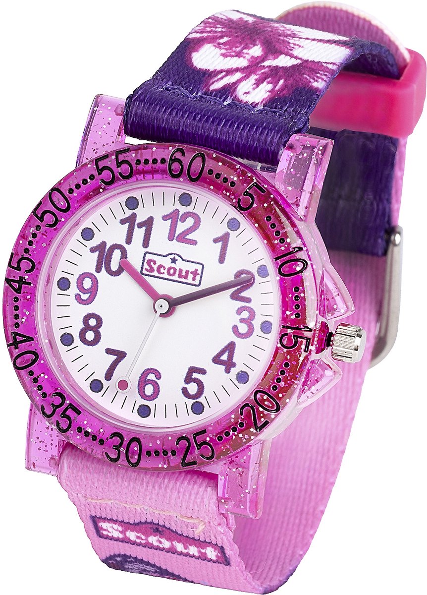 Scout Kinderuhr analog aus der Serie "The IT Collection" mit rosa lilanem Textilband, Schmetterling-Motiven und Quarzwerk