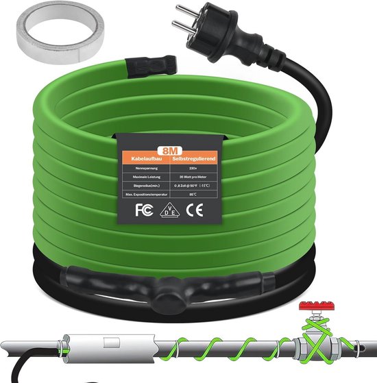 Een opgerolde groene verwarmingskabel van 8m met specificaties en een stekker. Detail van de installatie op een buis.