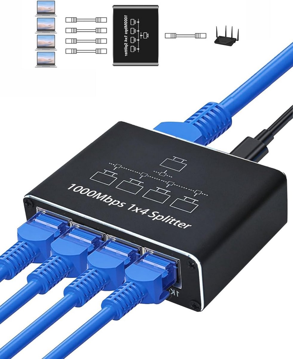 4-poorts Ethernet Splitter 1 naar 4 1000 Mbps - Snelle LAN Switch met Type-C voedingskabel