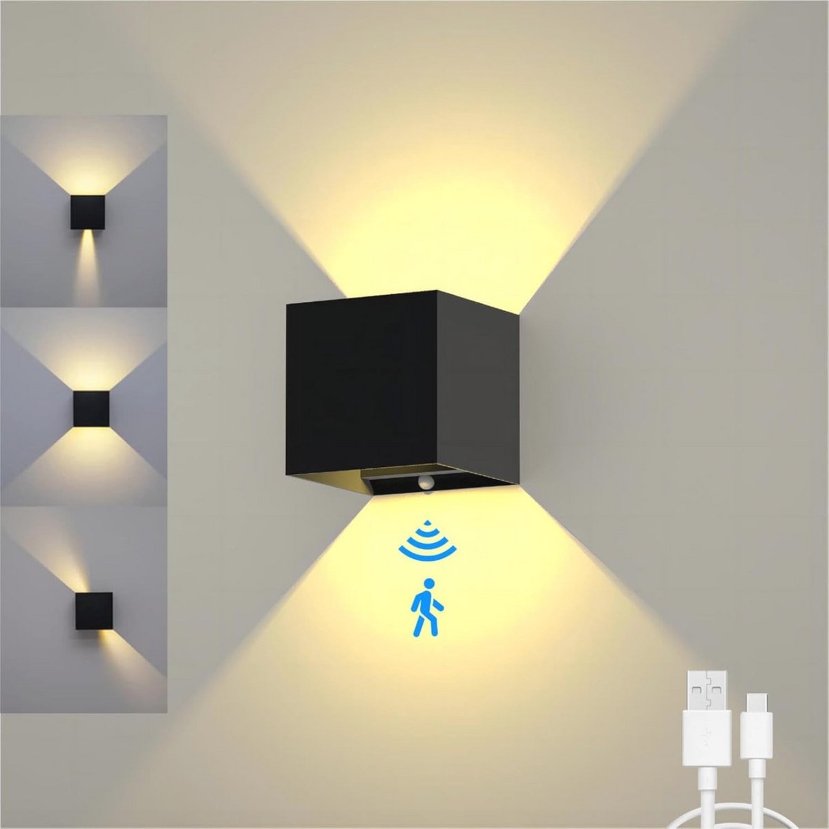 Wandlamp met Bewegingsmelder en Draadloze USB Voeding - 6W, 3000K voor Trappen en Hal