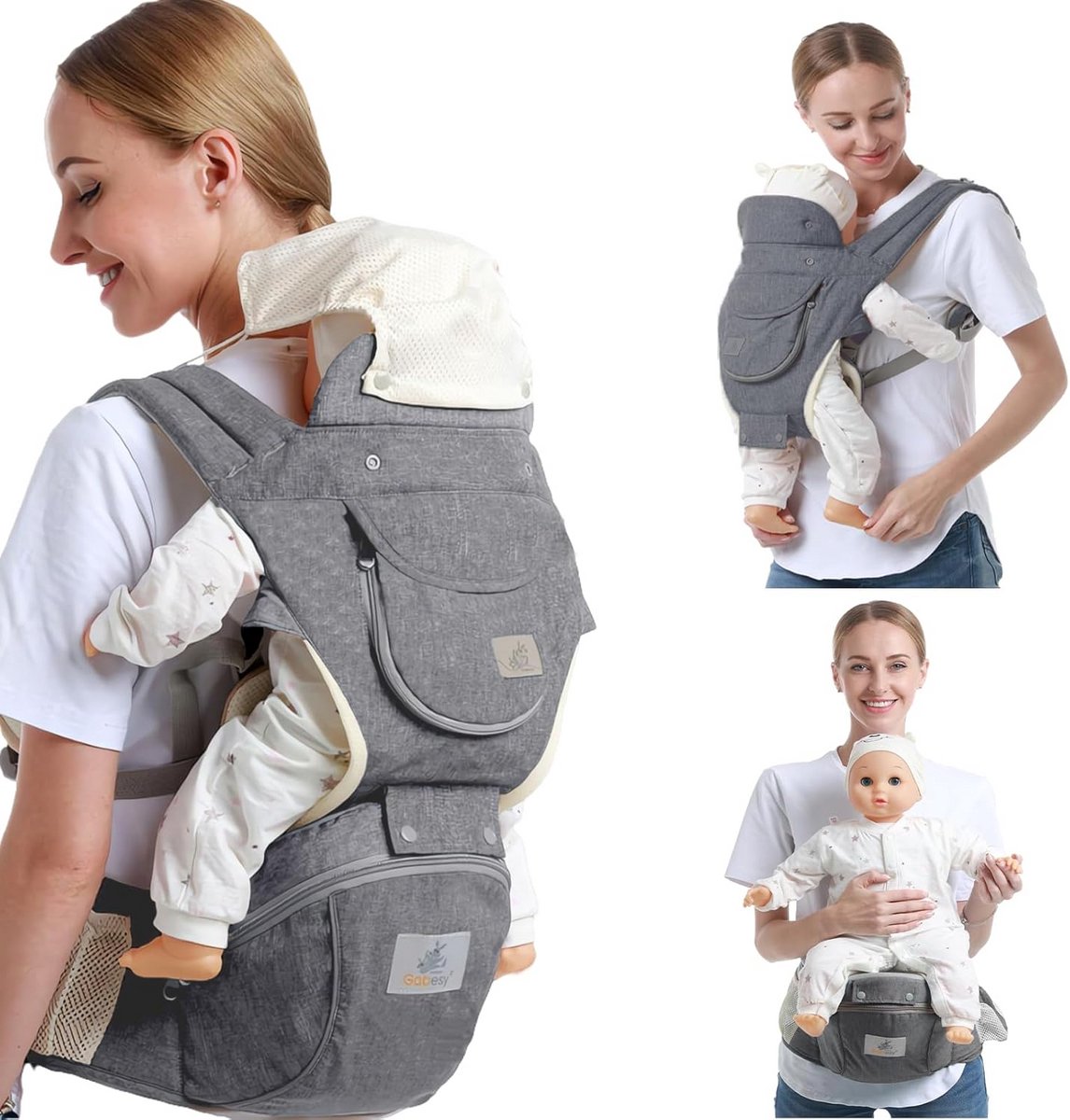 Ergonomische En Verstelbare Draagzak Voor Baby's - Zacht Katoen Met Opbergtas En Flessenhaken, Geschikt Voor Pasgeborenen Tot 36 Maanden, Grijs