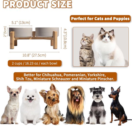 Productafmetingen van dubbele grijze keramische voerbakken op houten standaard. Perfect voor katten en puppy's, chihuahua, pomeriaan, Yorkshire terrier, Shih Tzu, Schnauzer en Pinscher.
