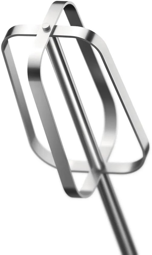 Een metalen gardekop van een mixer met een gebogen uiteinde.