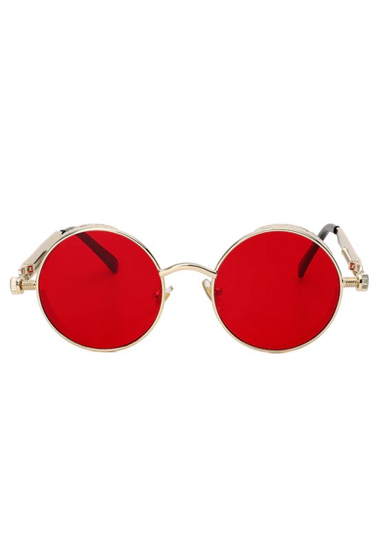 KIMU® Ronde Bril Steampunk Vintage - Goud Montuur Rond - Rode Glazen - Nachtbril Autorijden Wintersport Retro Hippie - Gouden Zonnebril Uv Festival van KIMU — afbeelding 3
