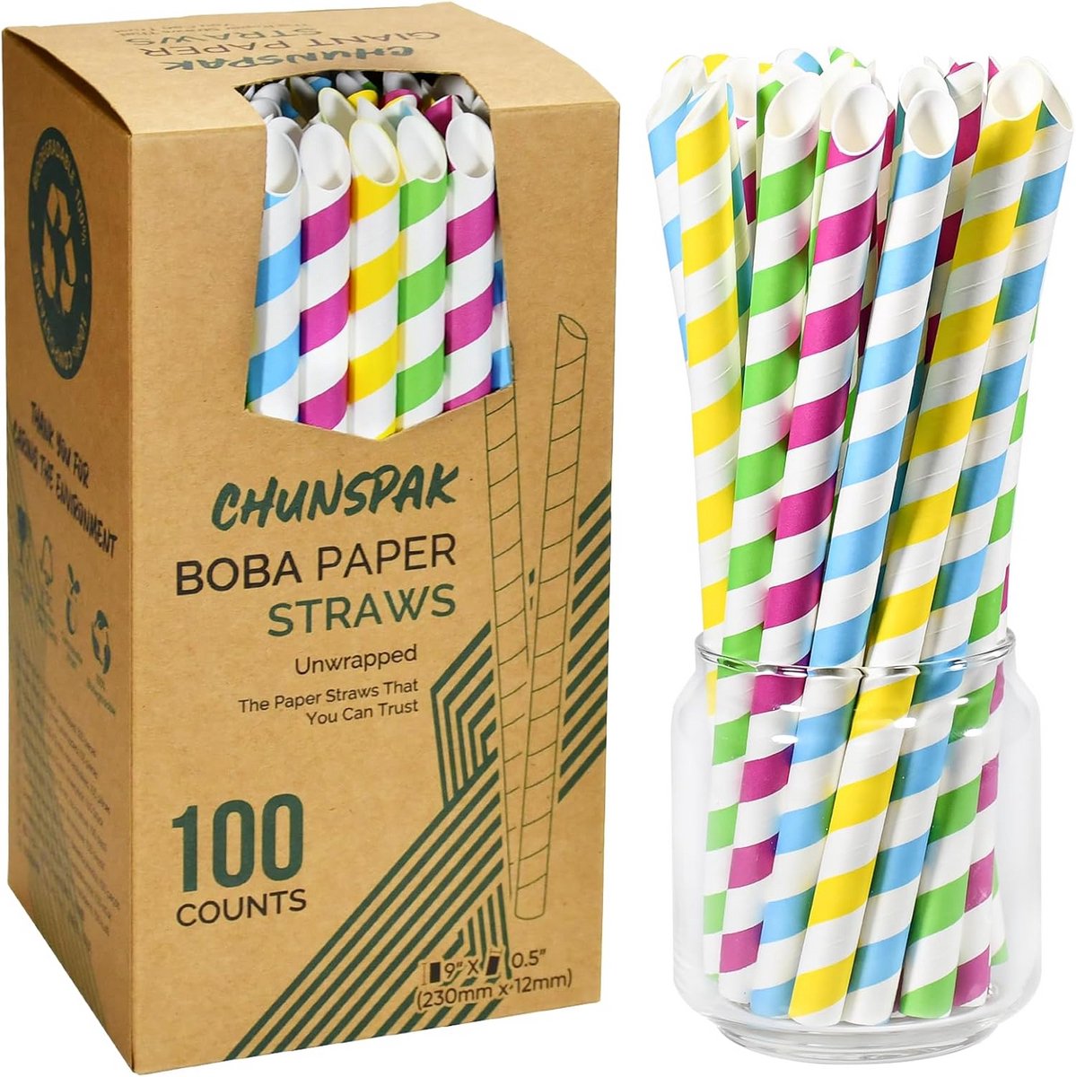 Papieren rietjes 12 mm voor boba en bubble tea - 230 x 12 mm, 100 stuks