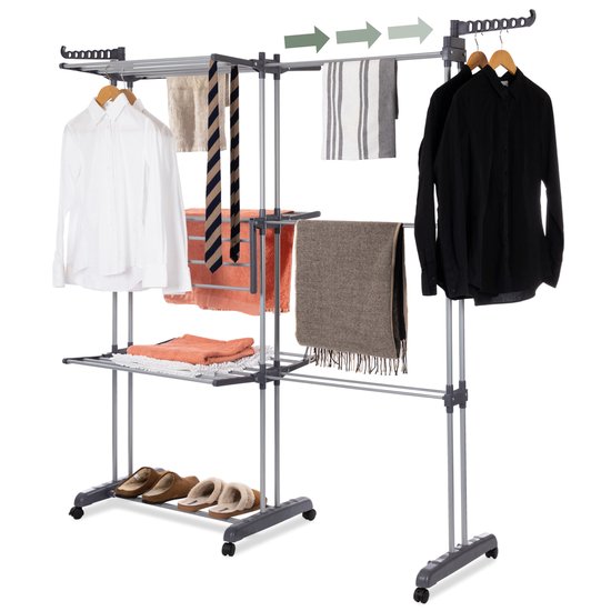 Jubbly® – Uitschuifbare Droogtoren – Inklapbaar Wasrek – Uitgerust met Wieltjes – 4 Verdiepingen – 35 meter Drooglengte – 40 kilo Draaggewicht – Wastoren Staand – Droogrek op Wielen - Grijs