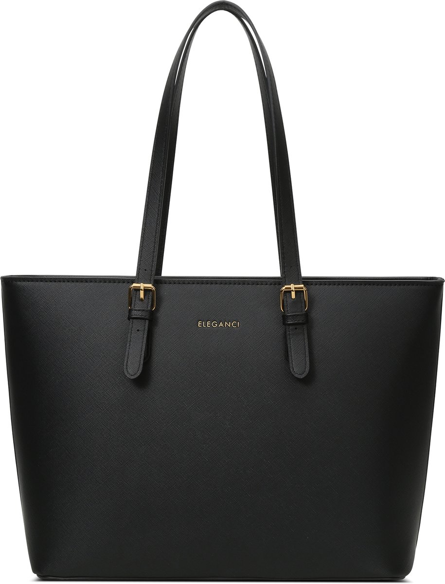 Eleganci® - Schooltas - Dames Tassen - Shopper - Tas met rits - Schoudertas - Handtas - Werktas - geschikt voor A4 - Zwart/ Goud