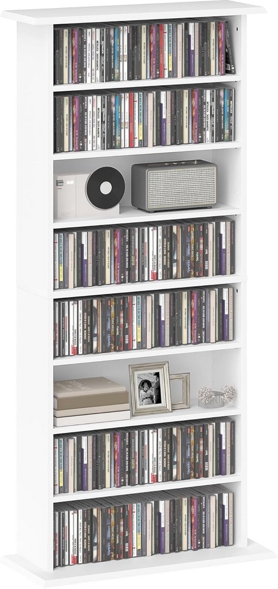 Multimedia Opbergkast voor CD's en DVD's met 8 Vakken en 6 Verstelbare Planken - Wit