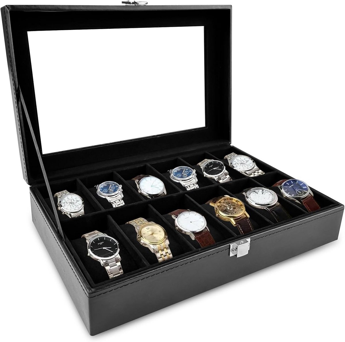 Horlogebox met 12 compartimenten en glazen deksel - zwart met fluwelen binnenkant
