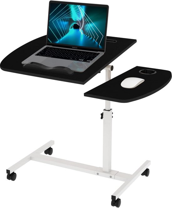 VIVOLILV Oprolbare bedtafel voor laptop, tafel, in hoogte verstelbaar 61, 5-96,5 cm en kantelbaar, werktafel met 360° wielen en frame van metaal voor slaapkamer, belasting max. 15 kg (wit