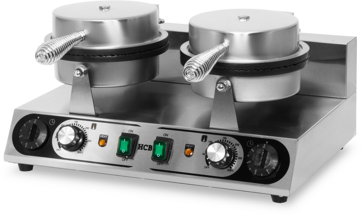 HCB® - Professioneel dubbel horeca wafelijzer met timer voor 2 ronde wafels - 230V - Wafelmaker van RVS / INOX - 39x50x26 cm (DxBxH) - 10.40 kg - 1065