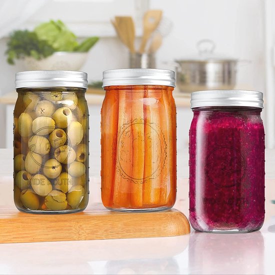 Tebery 6 Pack 32oz heldere glazen potten, 1L Mason Jar Wide Mouth Conserving Potten Inblikken Glazen Pot met Deksels om te drinken, Maaltijd, Overnight Oats