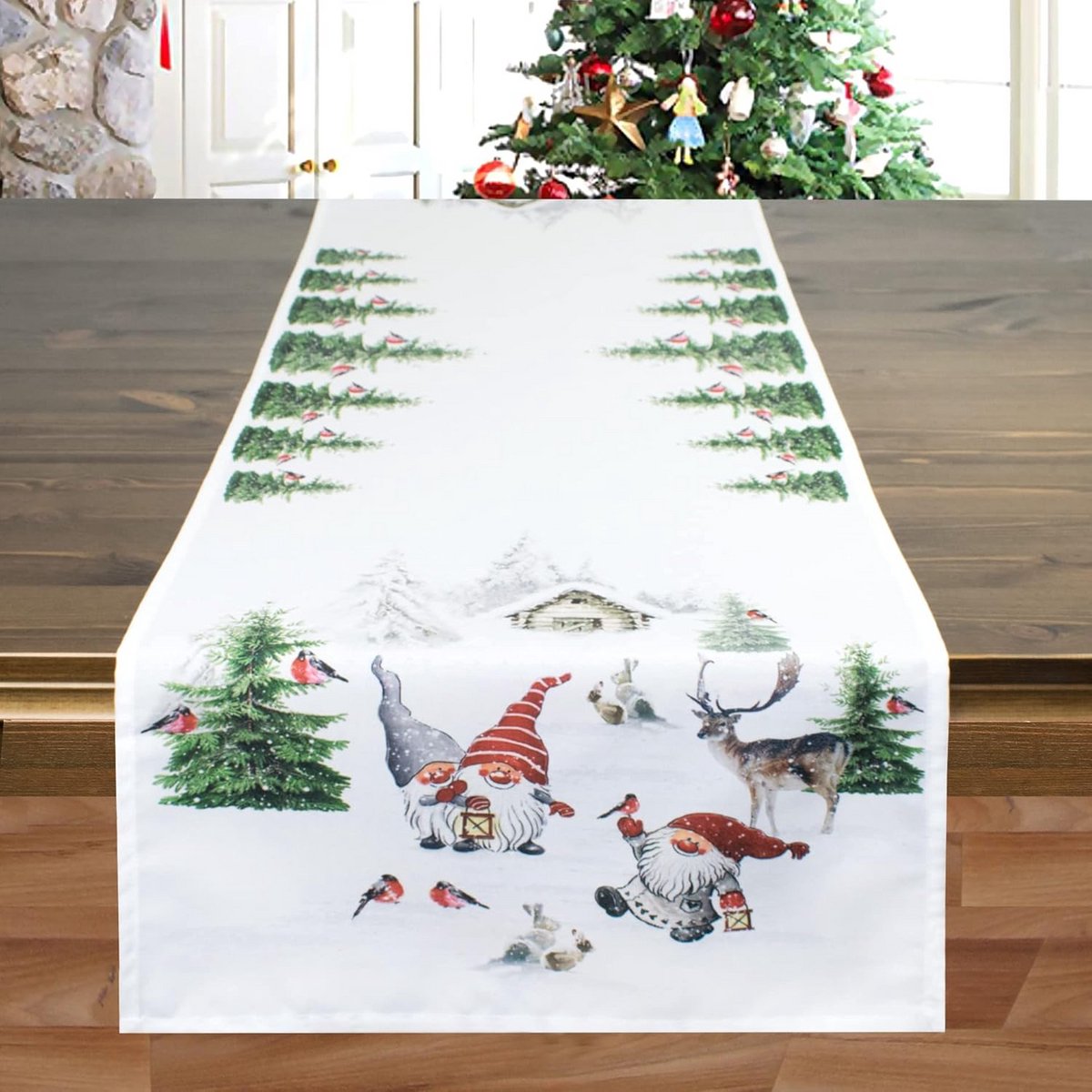 Tafelloper 40x140 cm met Kaboutermotief - Feestelijke Winter Kerst Tafeldecoratie