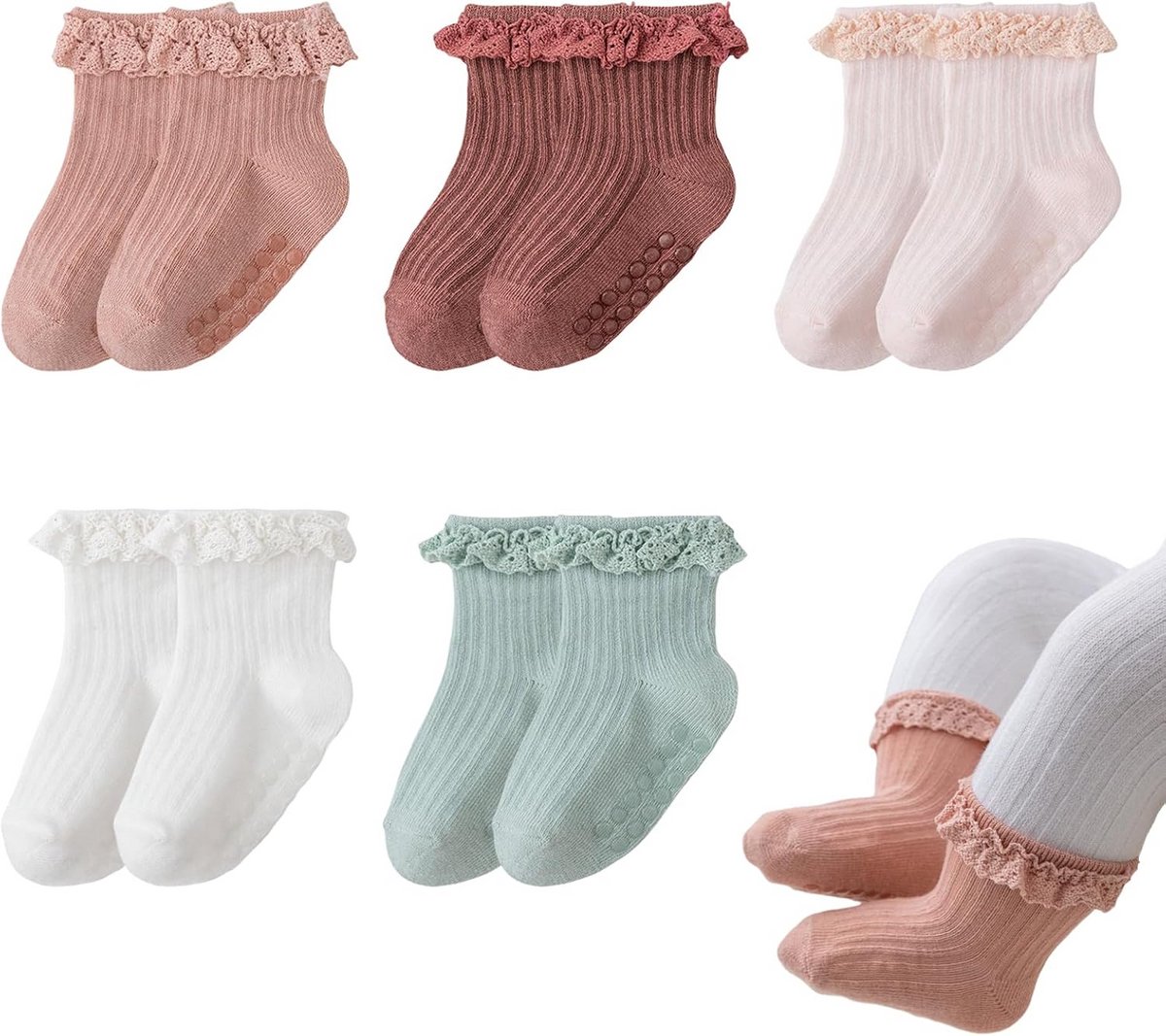 5 Paar Babysokken voor Meisjes 0-6 Maanden Katoen Antislip met Ruches