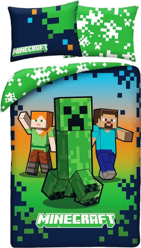 Minecraft dekbedovertrek met Alex, Steve en een Creeper. De kussensloop heeft een pixelpatroon.
